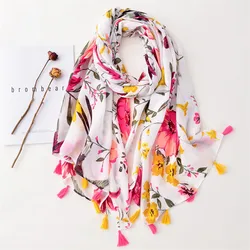 2022 lady Fashion Luxury Floral Tassel Viscose Shawl Lady High Quality Print Wrap Pashmina Stole Bufandas Muslim Hijab 180*90Cm