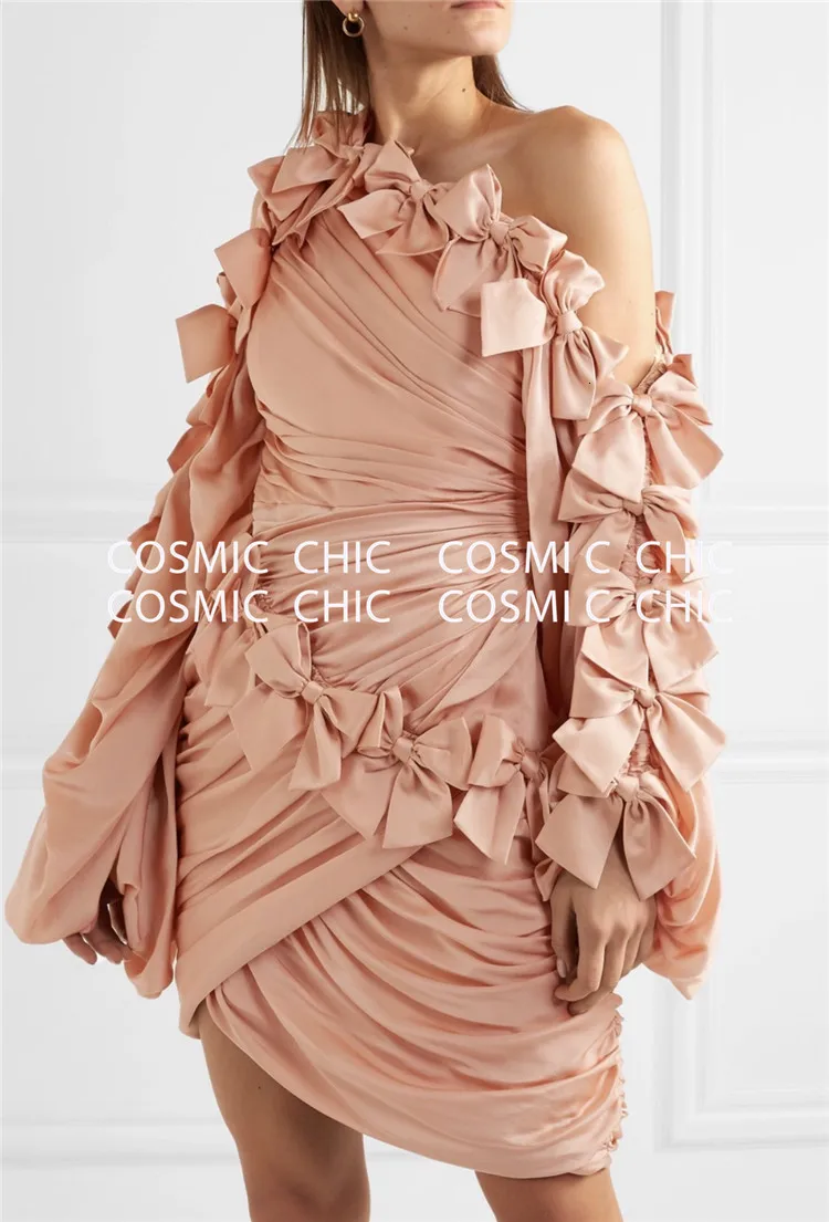 Cosmicchic элегантные сексуальные нестандартные платья с бантом и открытыми плечами, мини платья для вечеринок, косой воротник, фонарь, длинный рукав, облегающее розовое платье