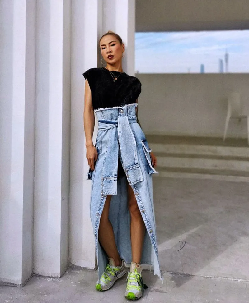 WHITNEY WANG весна лето мода уличная Высокая талия рукав пояса юбки джинсовые с разрезом женские джинсовые юбки