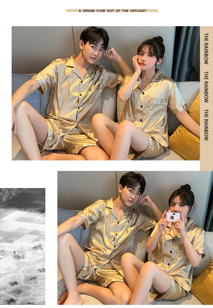 mens cotton pjs Solid Color Sleepwear Silk Satin Pajamas Couple Set Short Button-Down Pyjamas Suit Pijama Women Men Loungewear Plus Size Pj Set mens pajama shorts set