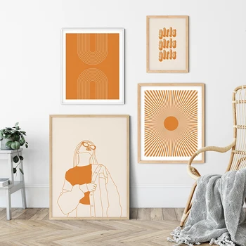 

Retro Art Prints 70s Style Gallery Wall Bundle Girls Sun Typography Poster Abstract Minimal Line Art Canvas Pictures Boho Poster