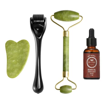 

Microneedle Roller And Jade Double-headed Massage Roller And Meridian Jade Slab Plus Beard Oil Set Health Care Tools TSLM2