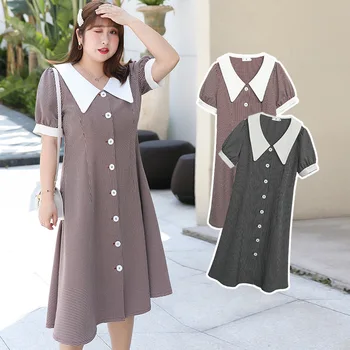 

Women's Summer Plaid Doll Collar Button Puff Sleeve Dress Plus Size Calf Length Casual Wear 100kg Can Wear
