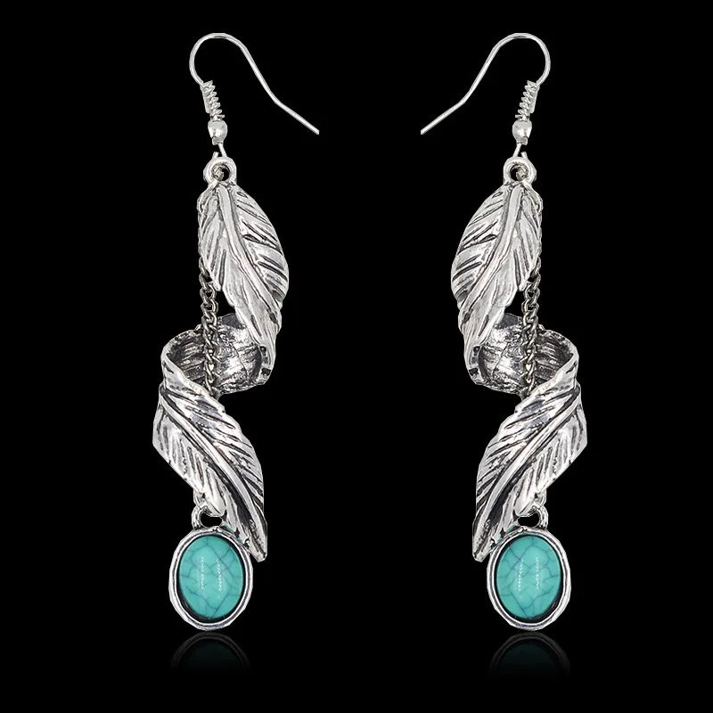 

Bohemian Long Link Chain Turquoises Drop Earring for Women Silver/Gold Metal Twist Leaf Vintage Resin Earrings Gifts F3D308