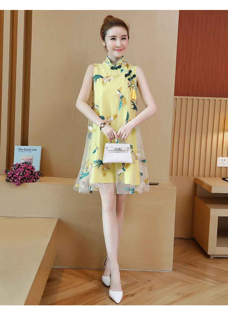 Jl3306@ летняя одежда ретро китайский стиль улучшенный Cheongsam стиль вышивка Марлевое женское платье