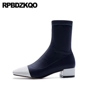 

block boots chunky patent leather suede thick genuine slip on square toe ankle designer shoes women luxury 2019 blue fashion new