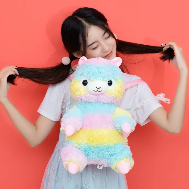 New Striped Rainbow Alpaca Plush Backpack Toys Cute Kids Travel Bag Princess Girls White Alpaca Sheep Peluche Dolls Backpack 40cm (2)