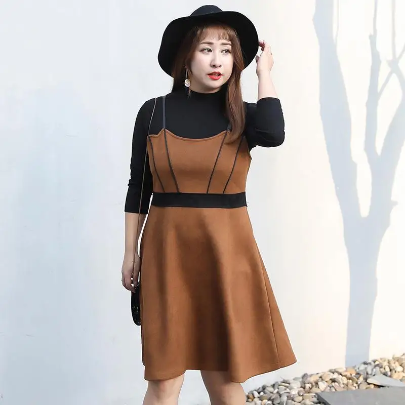 Winter Female 2 Pcs Suits Elegant Long Sleeve Tops+ Suspended Dress Sets Autumn Causal Women Pieces XL-4XL Big Size |