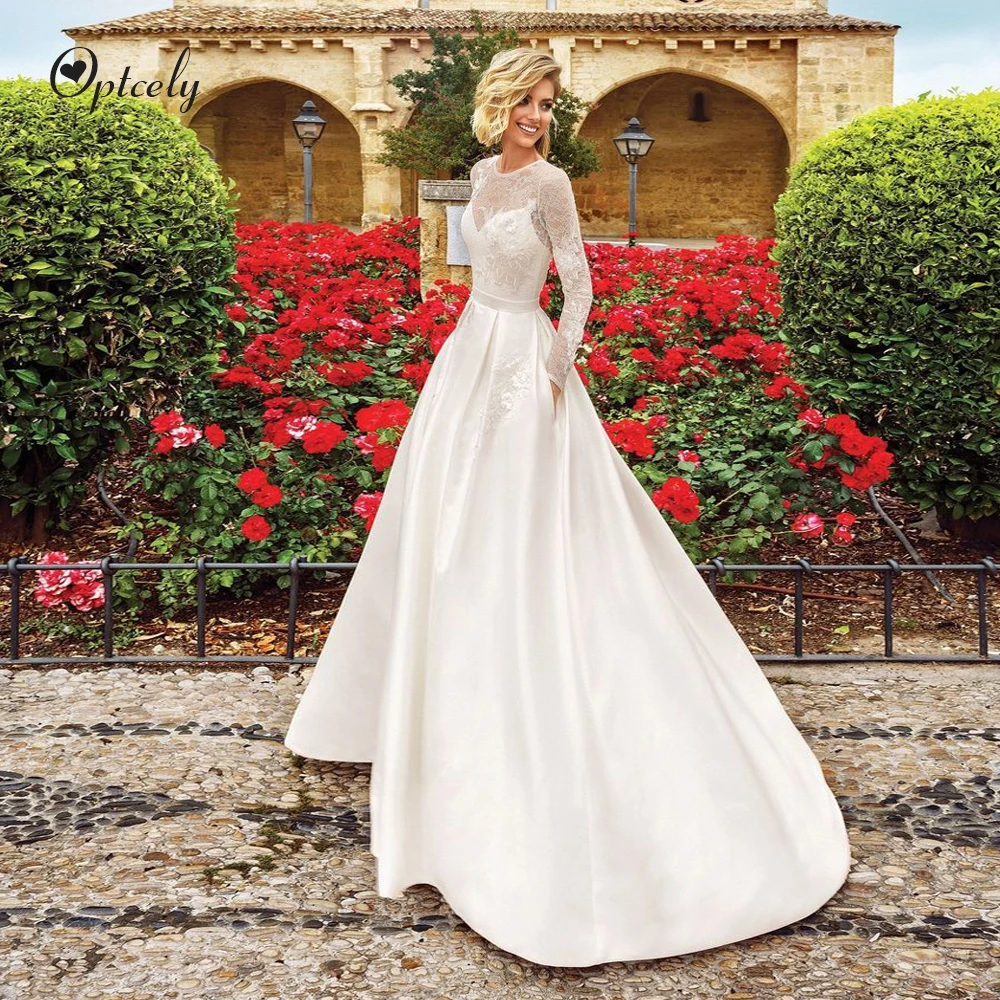 

Optcely Eye-catching Long Sleeve O-neck Satin A-line Lace Wedding Dress 2019 Appliques Beaded Party Bride Gowns Robe De Mariee