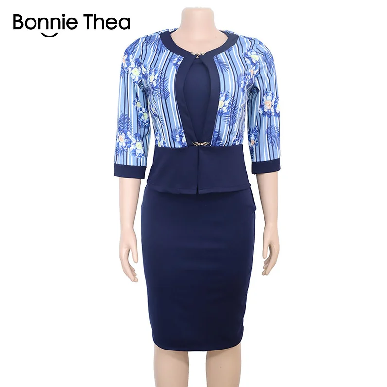 Bonnie thea/женское осеннее платье с принтом из двух частей; вечерние элегантные длинные платья для офиса; высококачественное платье большого размера - Цвет: Тёмно-синий