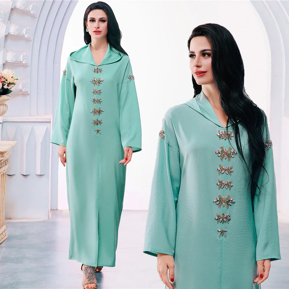 Eid Luxury Diamond Beaded Dubai Turkey Arabic Muslim Islamic Ethnic Clothing Plus Size Long Sleeve Hooded Maxi Dress for Women |