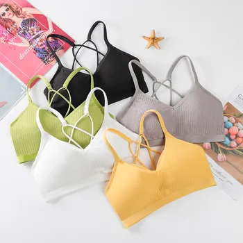 

ew Women Soft Basic Plain V neck Spaghetti Strap Stretchy Pad Vest Backless Strappy Bralet Solid color Sport Cami Bra Crop Top