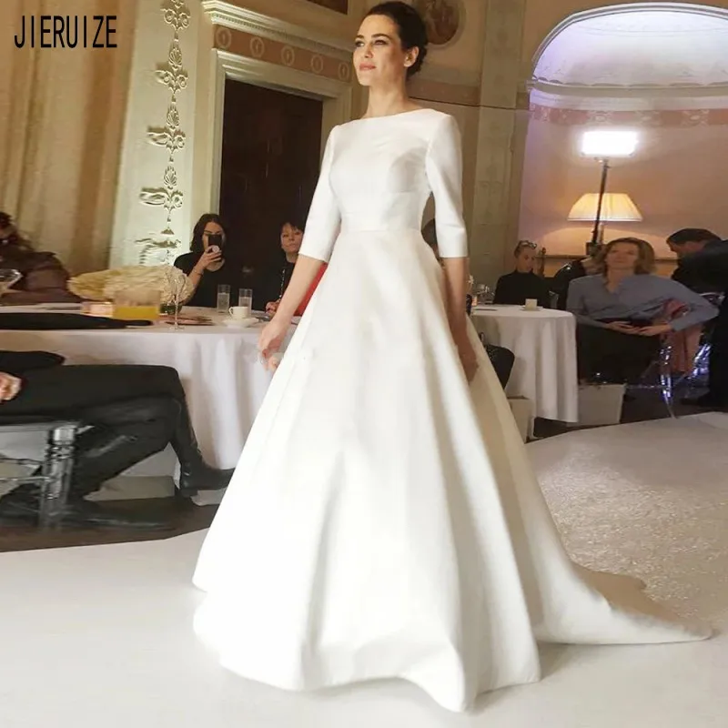 JIERUIZE современные белые свадебные платья с круглым вырезом полурукавами открытой