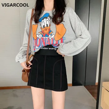 

Cute cartoon Donald Duck letter printing short loose sweater suit bat sleeve sweatshirt + tight sexy mini skirt two-piece female
