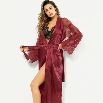 

Women Sleepwear Ladies Sexy Ice Silk Solid Colors Long Robe Lace Embroidery Perspective Long Sleeve Long Robe S-2XL
