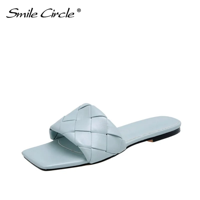 

Smile Circle/2020 Summer Fashion Square head Slides Women Thin High Heels Sandals Slippers Woven fabric Ladies