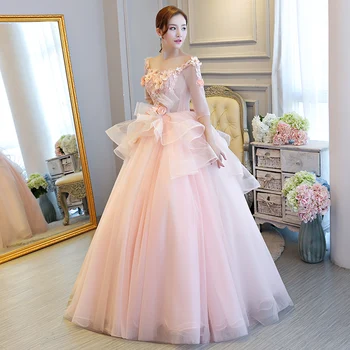 

2019 Wedding Elegant Backless Floral Ruffles Dress Sexy Women Half Slash Neck Ball Gown Pink Fashion Bohemian Dresses Wholesale