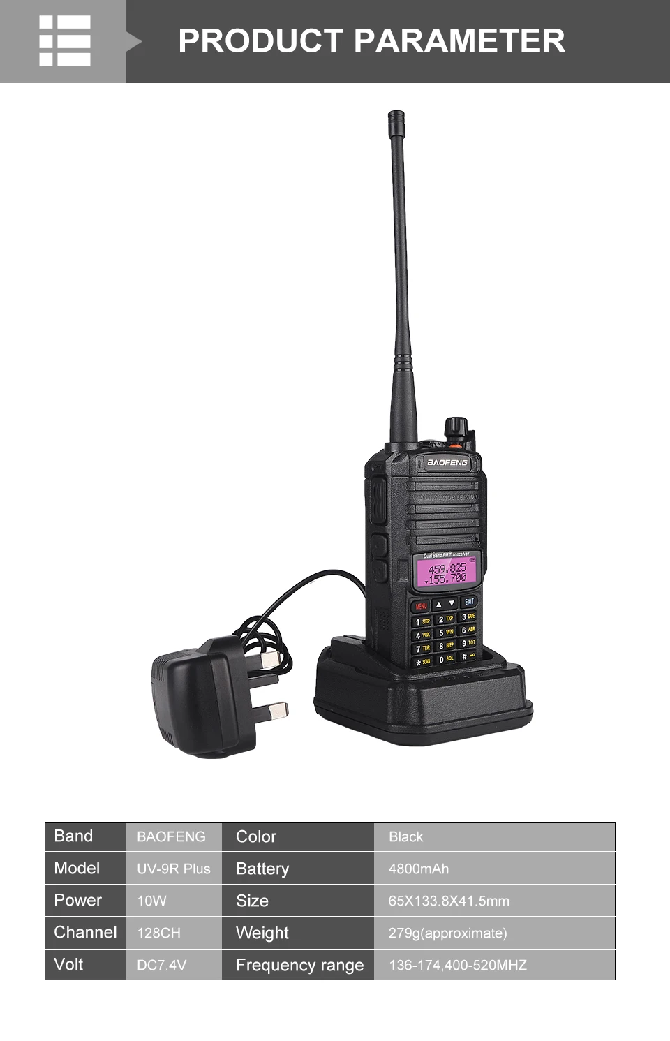 Baofeng UV-9R plus Walkie Talkie IP67 Водонепроницаемый главный динамик CB радио FM приемопередатчик UHF/VHF радио 10 Вт 4800 мАч uv 9r plus