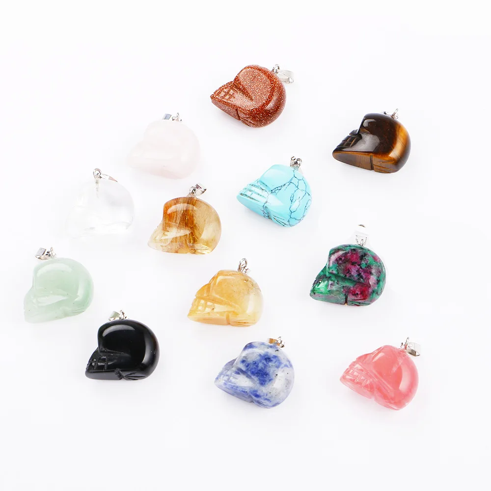 Natural Stone Carving Skulls Opal Tiger's Eye Pink Quartz Crystal Chakra Reiki Healing Pendulum Necklace