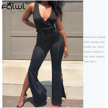 

FQLWL Split Black Bodycon Wide Leg Summer Ladies Jumpsuit Women Overalls Sleeveless V Neck Sexy Romper Womens Jumpsuit Female