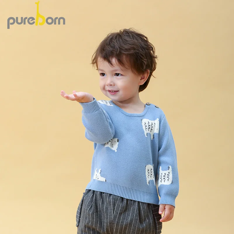 Pureborn/свитер для маленьких девочек; вязаный хлопковый пуловер с рисунком животных; свитер для мальчиков; сезон весна-осень; теплая детская одежда