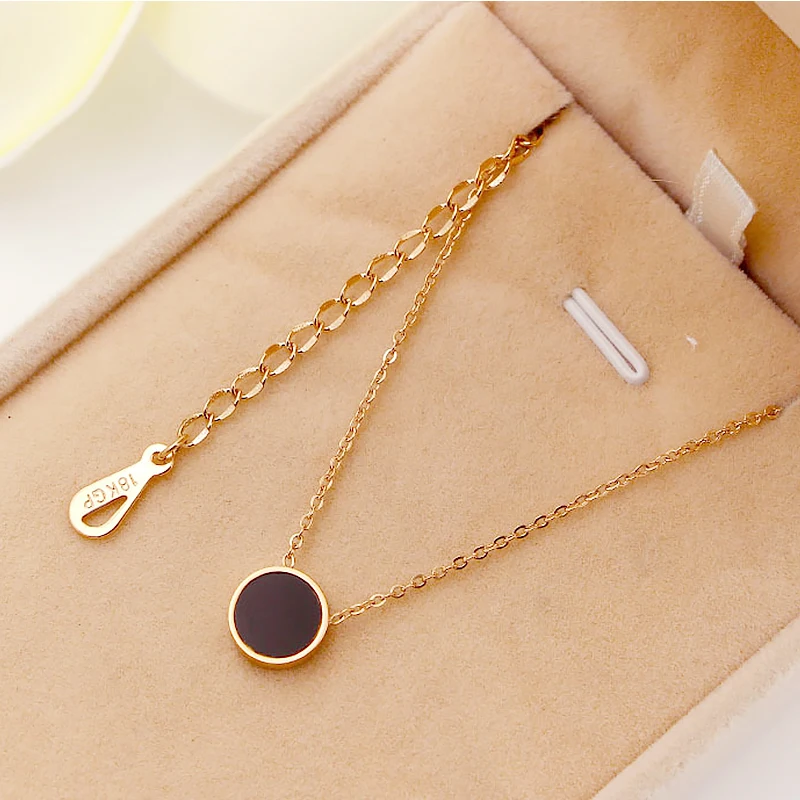 Fashion Brand Stainless Steel Rose Gold Color Black Big Round Pendant Necklace Sweater Chain Women Jewelry Accessories Gift | Украшения и