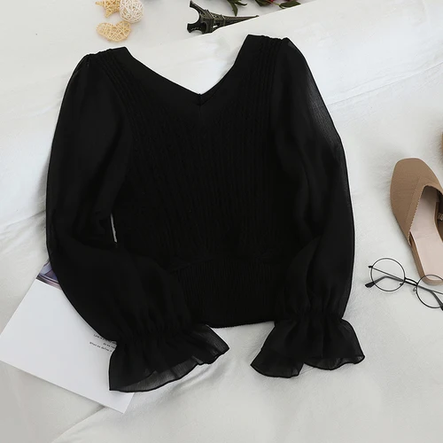 Neploe Fashion Patchwork Mesh Blouse Women V Neck Knit Flare Long Sleeve Blusas Autumn Spring New Slim Shirt Elegant 47108 - Цвет: black