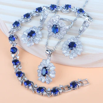 

Silver 925 Blue Cubic Zirconia Bridal Jewelry Sets For Women Wedding Costume Jewelry Pendant&Necklace Ring Earrings Bracelet