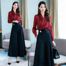 Fashion High Waist Wide Leg Pants Suit Woman Spring Fall Autumn OL Office Lady 2 Piece Set Elegant Silk Chiffon Outfits Female Fashion High Waist Wide Leg Pants Suit Woman Spring Fall Autumn OL Office Lady 2 Piece Set Elegant Silk Chiffon Outfits Female