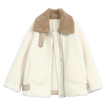 

FMFSSOM Spring Autumn Faux Sheep Skin Lambs Wool Motorcycle Zipper Fur Collar Thick Warm Leather Jacket Women Outerwear