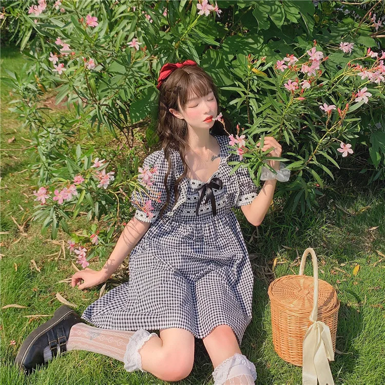 Japanese Summer Sweet Academy Dress Vintage Square Collar Plaid Bow Cute Puff Sleeve Dresses Kawaii Ruffles Girly Loose Dress