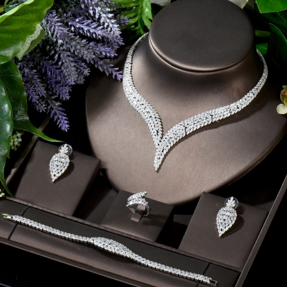 

HIBRIDE Elegant 4pcs Necklace Jewelry Set Leaf Design Cubic Zircon Wedding Bridal Set for Women Party Dress Accessories N-1729