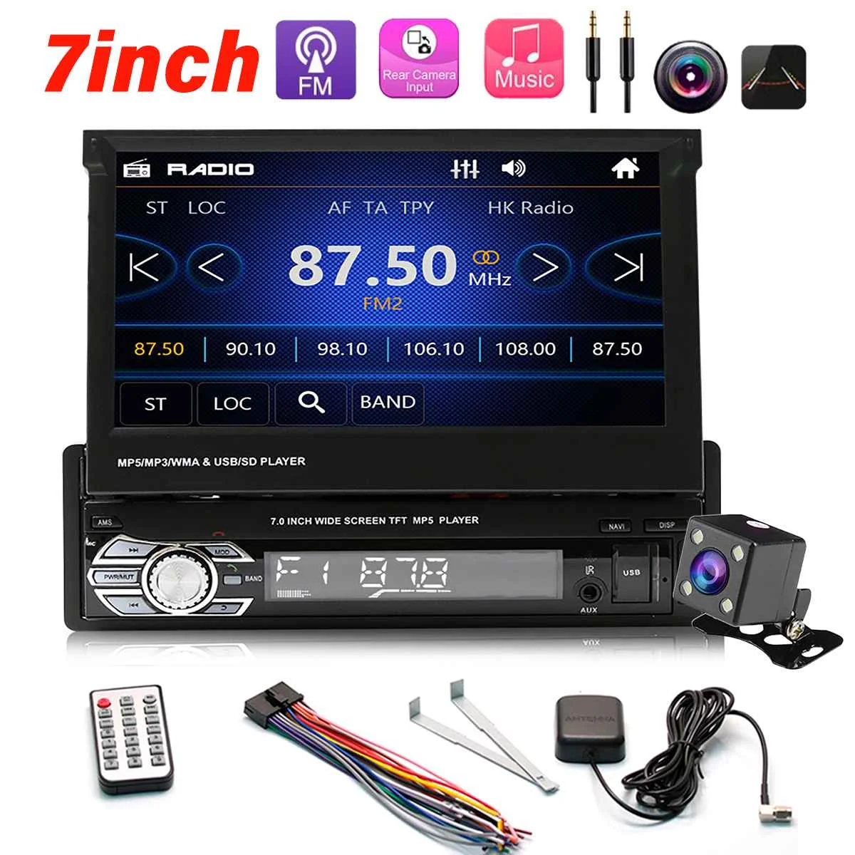 Jogador de Rádio do Carro Universal Autoradio Vídeo Mp5 Player Estéreo Áudio Gps Bluetooth fm Usb sd Câmera Visão Traseira 1 Din 7