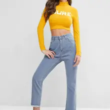 \ "ZAFUL высокой талией Длинные прямые джинсы для женщин с бахромой по низу застежка на молнии, прямая Штаны из денима на каждый день небесно-голубые джинсы брюки