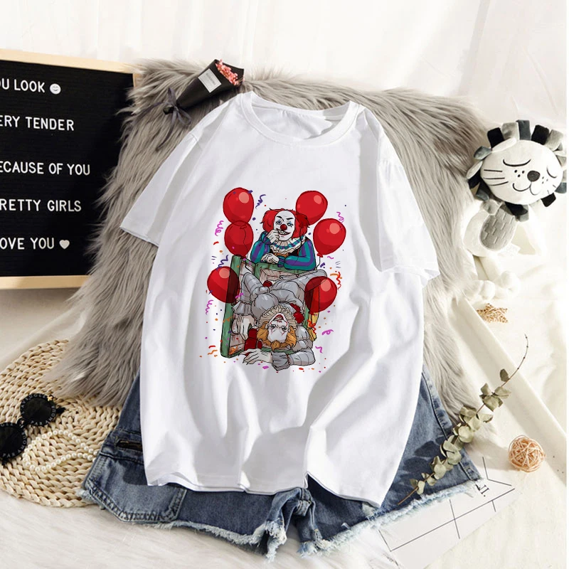 

2020 Summer Women T-shirt Cute Cartoon Clown Printed Tshirts Casual Tops Tee Harajuku 90s Vintage White tshirt Female Clothing
