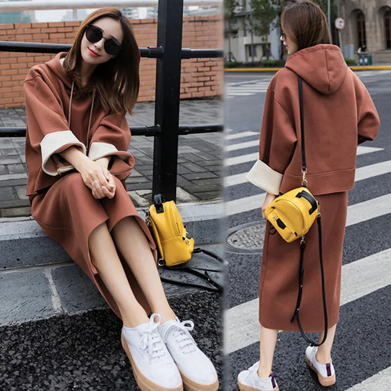 

2018 Autumn And Winter New Style Korean-style Fashion & Sports WOMEN'S Suit Loose-Fit Hooded Long Hoodie Dress Two-Piece Set Fas