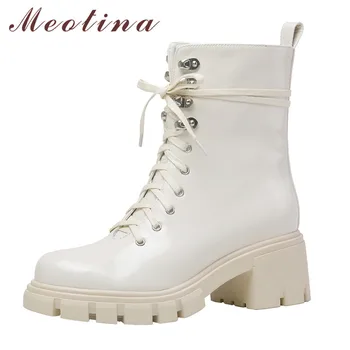

Meotina Real Leather Short Boots Women Shoes Metal Decoration Platform High Heel Ankle Boots Zip Lace Up Block Heels Lady Boots