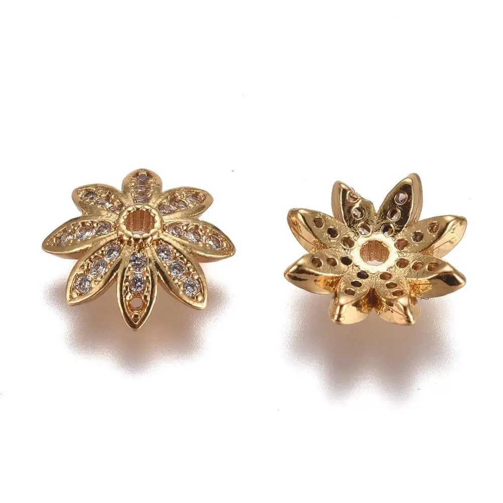 Brass Bead Caps Multi-Petal Micro Pave Clear Cubic Zirconia Flower Bead Cap For DIY Bracelet Tassels Jewelry Making Findings
