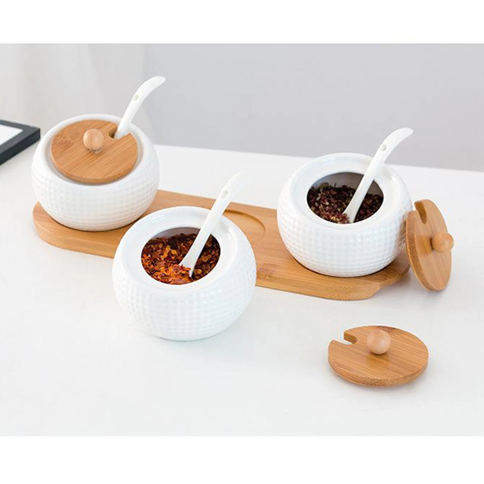 Condiment Pots Sugar Jar Bowls with Spoon and Bamboo Lid, Ceramic Seasoning Box