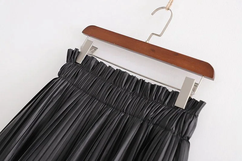 

2019 Autumn Fashion Europe And America Pleat Pleated Skirt Elastic Waist High Waist Skirt Faux Leather Skirt