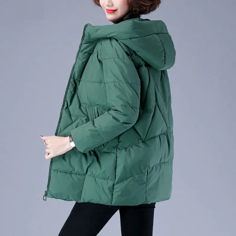 

2022 Women Elegant Winter Padded Jacket Zipper Thick Korean Loose Hooded Padded Coat Female Black Parkas Mother Outwear