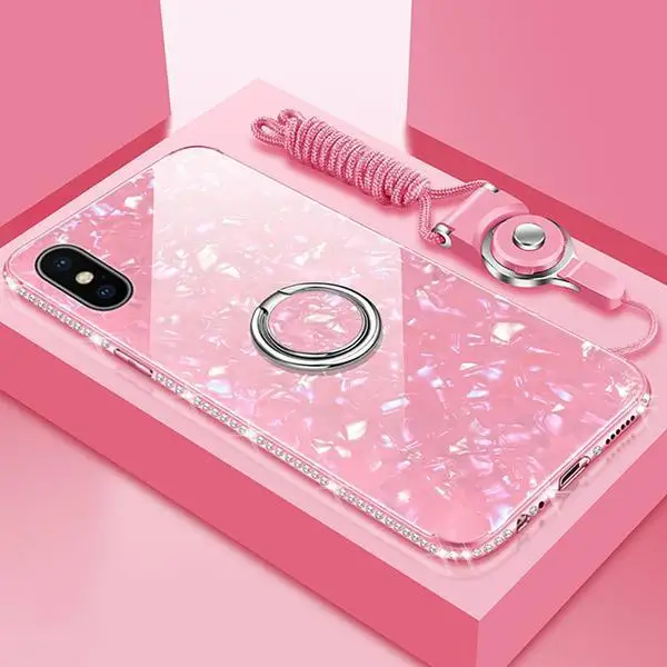 Чехол для iphone X XR XS 11 pro Max с кольцом на палец, чехол для iphone 11, 8, 7, 6, 6s Plus, блестящая раковина, закаленное покрытие для телефона - Цвет: Розовый