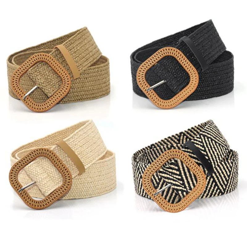 1PCS New Women Rope Braiding Women Belt Square Buckle Skirt Belt Vintage Knitted Waist Belt Hand-Woven Elastic Belt