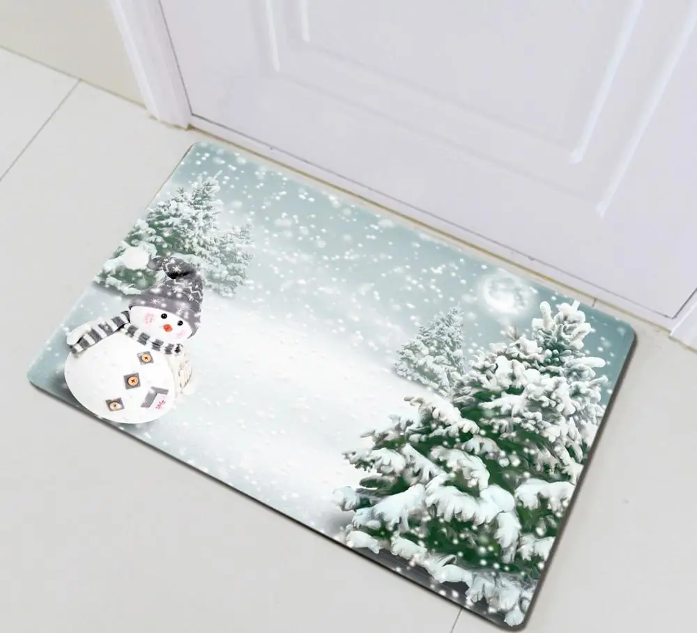 Winter Snow Forest Snowman Christmas Home Bathroom Bathtub Decor Polyester Waterproof Fabric Shower Curtain 12 Hook Bath Doormat