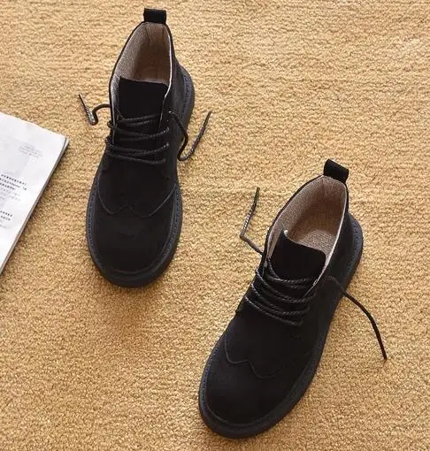 Зимняя женская обувь на шнуровке; брендовые ботинки; женские ботильоны для женщин на плоской подошве с круглым носком; botas boty - Цвет: black