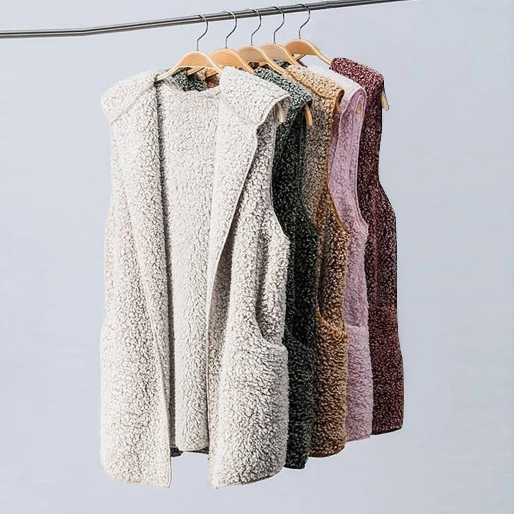 

Womens Vest Winter Warm Hoodie Outwear Casual Coat chaleco flecos Faux Fur Zip Up Sherpa Jacket Womens Vest
