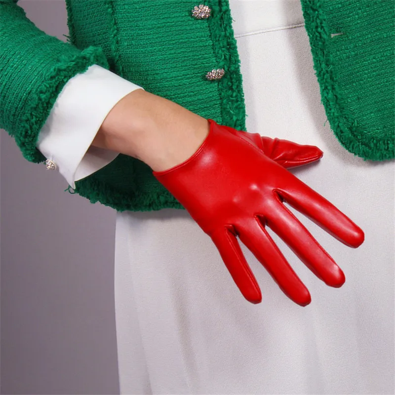 Ultra Short Leather Gloves 13cm Emulation Leather Imitation Sheepskin PU Unlined Female Christmas Red Women Gloves WPU126 - Цвет: 16cm Red