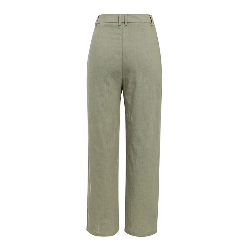 Conmoto high waist casual pants women summer spring solid green trousers high waist green ruffles vintage pants