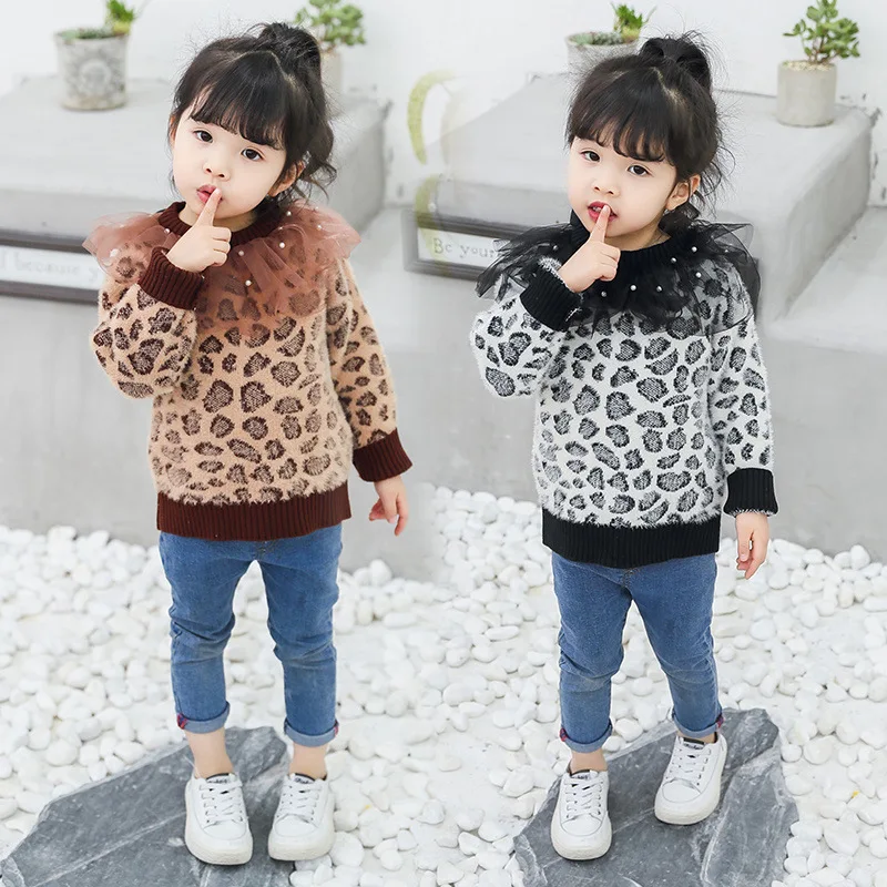 

Children's Autumn Winter Sweater 2019 New Baby Girls Imitation Mink Fashion Leopard Lace Pearl Lace Sweater Wholesale CA124