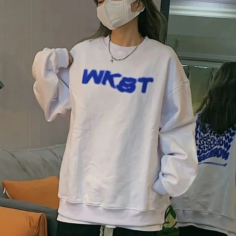 

2021 New Spring/autumn Korean Style Women Loose Casual O-neck Long Sleeve Hoodies Top Quality Cotton Letter Print Sweatshirt P39